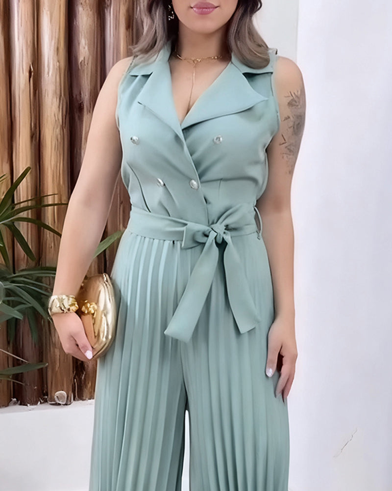 Sleek Sleeveless Notched Collar Waist Tied Detail Jumpsuit Casual Wide Leg Pleated Romper