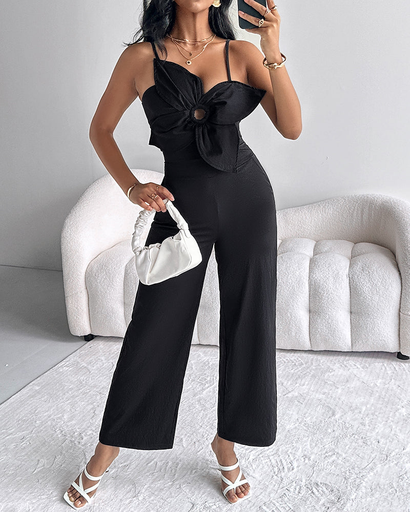 Floral Pattern Hollow Out Pocket Design Jumpsuit