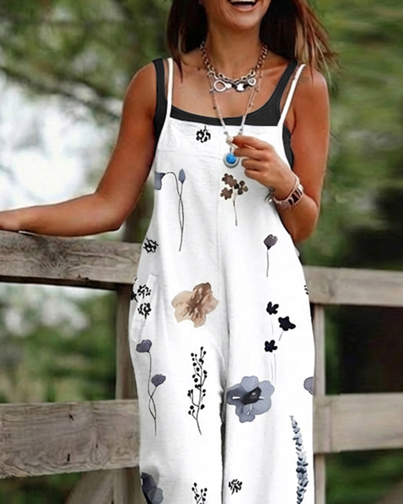 Watercolor Floral print Square Neck Adjustable Spaghetti Straps Wide Leg Loose Fit Cami Jumpsuit
