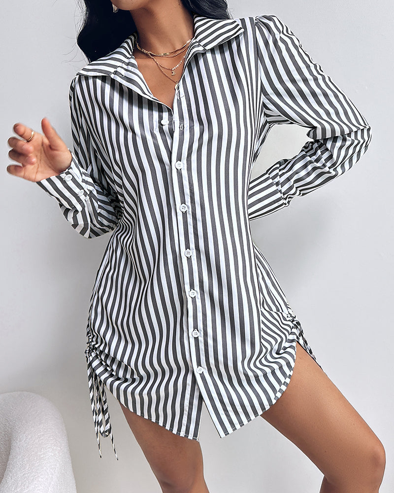 Striped Turn-down Collar Long Sleeve Dress Button Drwastring  Shirred Dress