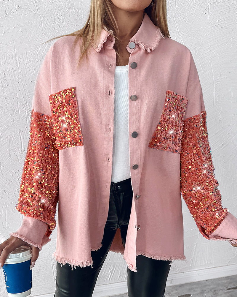 Casual Jacket Sequin Patchwork Long Sleeve Jacket Top Button Front Raw Hem Oversized Denim Shacket