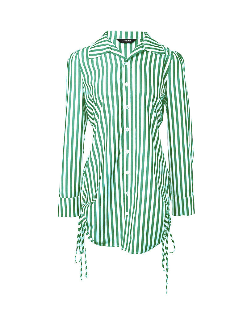 Striped Turn-down Collar Long Sleeve Dress Button Drwastring  Shirred Dress