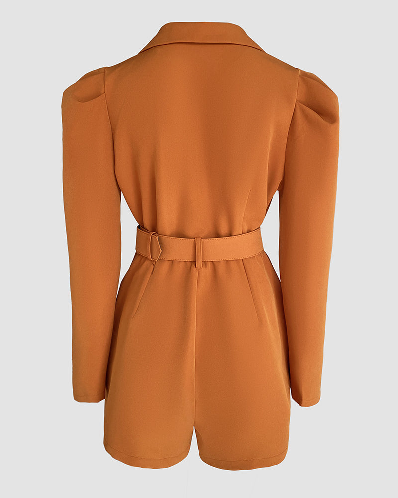 Notched Collar Puff Sleeve 2-in-1 Blazer Romper with Detachable Belt