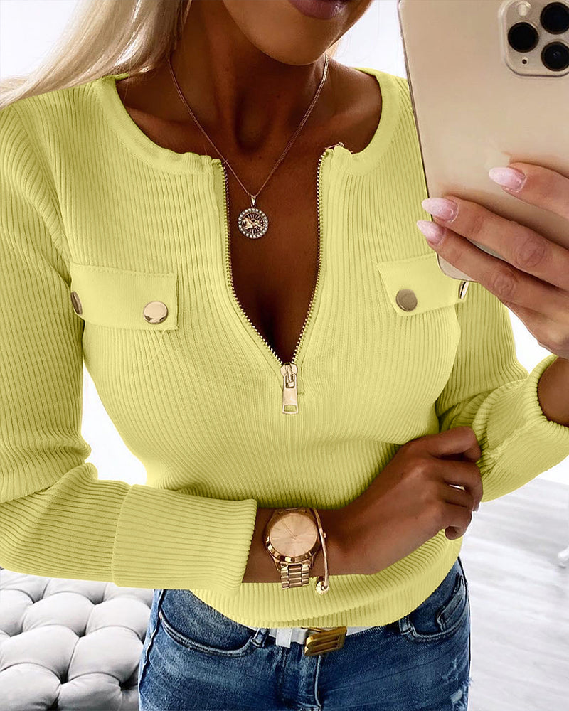 Crewneck Half Zipper Flap Detail Knit Sweater Long Sleeve Slim Fit Ribbed Pullover Top