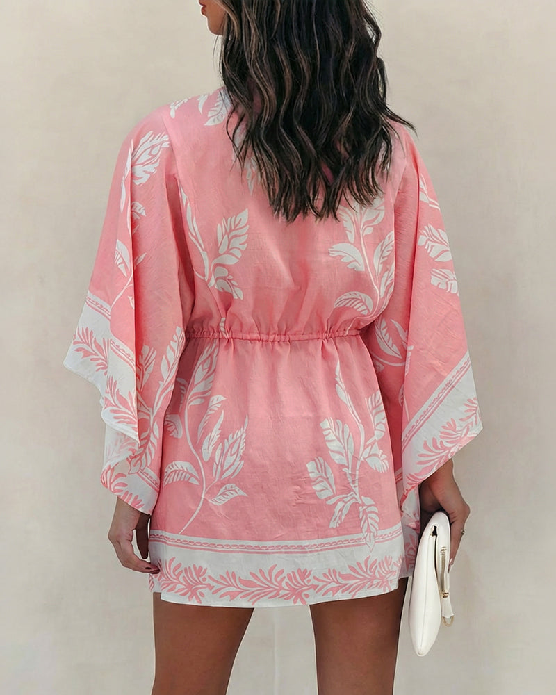 Plants Print V-Neck Bell Sleeve Button Front Mini Dress Casual Drawstring Waist Vacation Dress