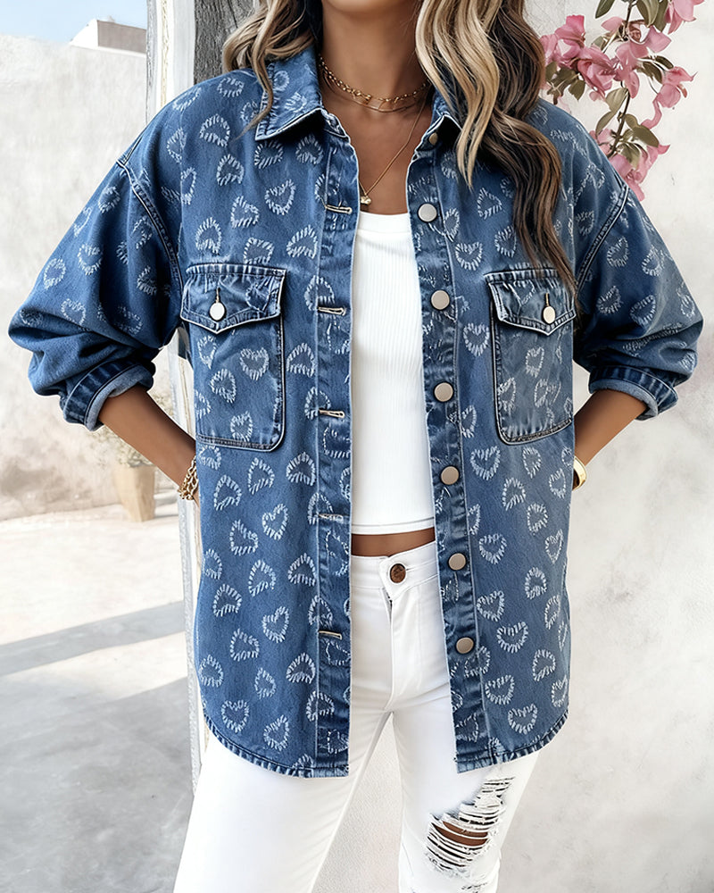 Vintage Heart Jacquard Turn-down Collar Button Front Asymmetrical Hem Jacket Casual Flap Pockets Design Washed Denim Coat