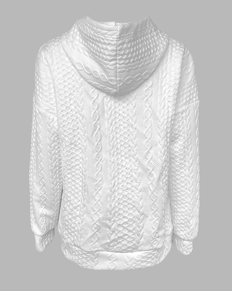 Long Sleeve Half Snap Buttons Front Drawstring Hoodie Sweatshirt Casual Kangaroo Pocket Drop Shoulder Cable Textured Top