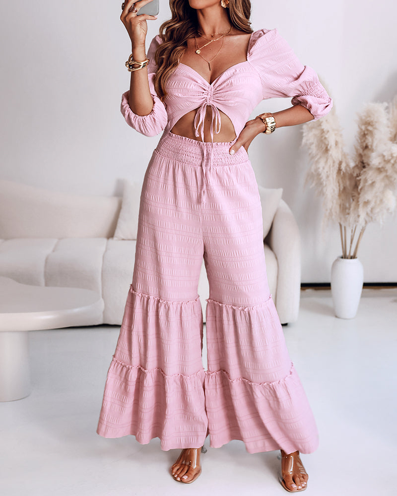 Square Neck Long Sleeve Drawstring  Shirred Jumpsuit