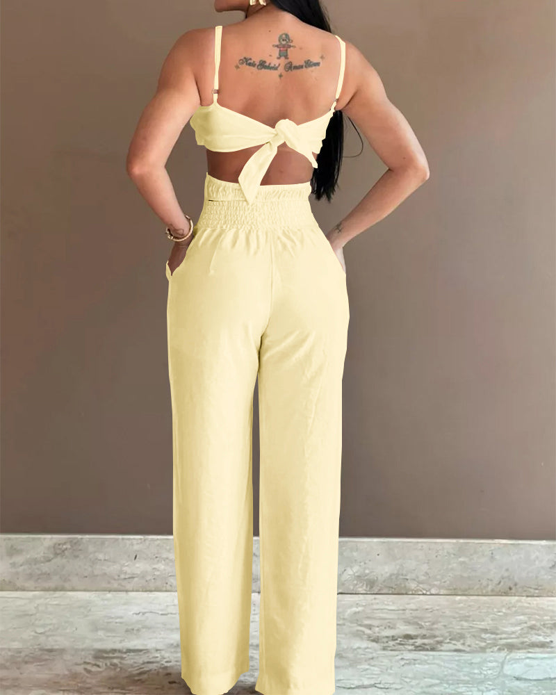 Floral Pattern Hollow Out Pocket Design Jumpsuit