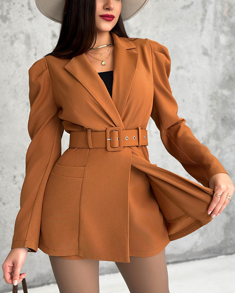 Notched Collar Puff Sleeve 2-in-1 Blazer Romper with Detachable Belt