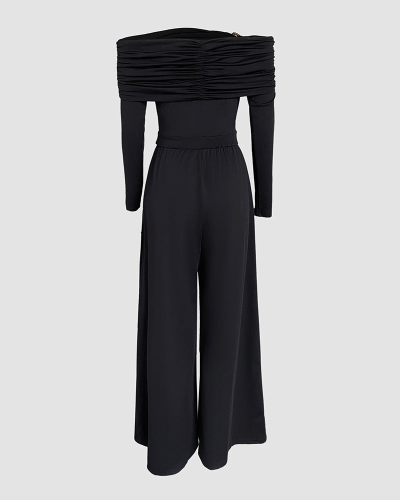 Metal Ring Decor Off Shoulder Ruched High Waist Jumpsuit Casual Cinched Waist Wide Leg Jumpsuit
