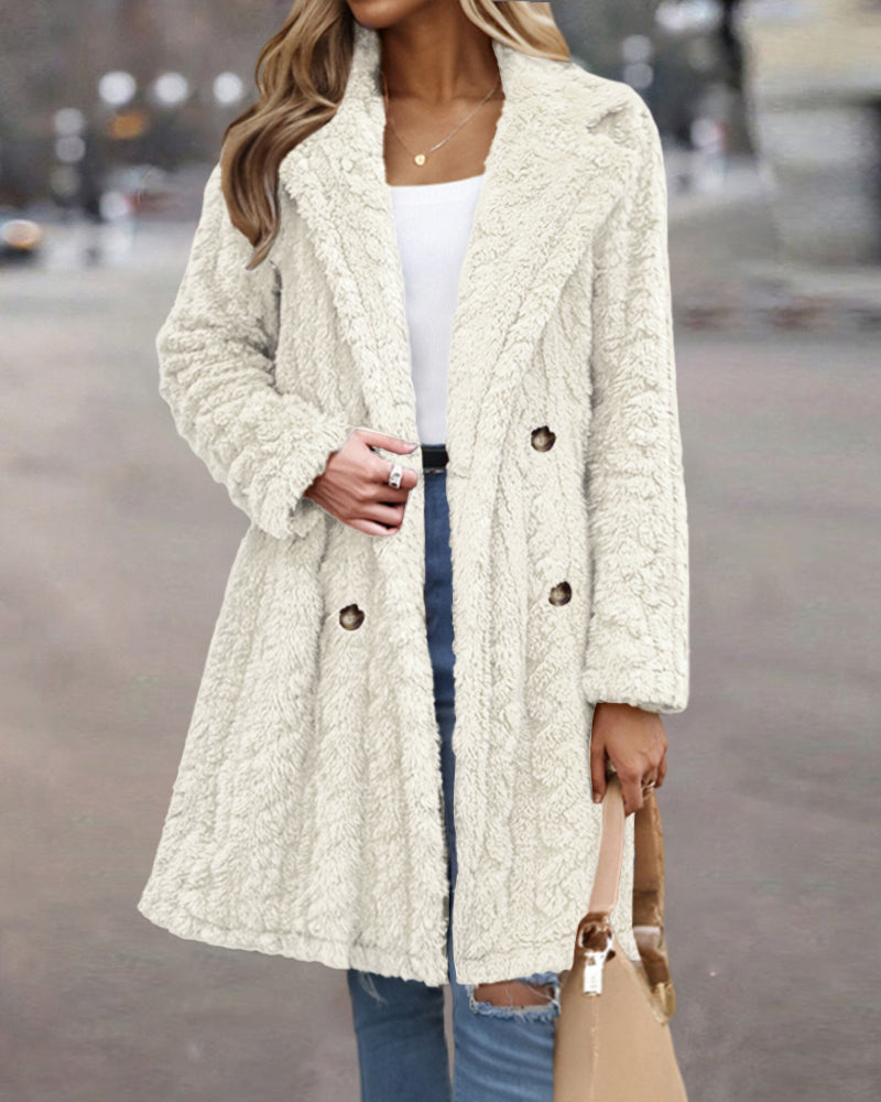 Cable Textured Lapel Neck Button Front Pocket Design Thermal Teddy Coat
