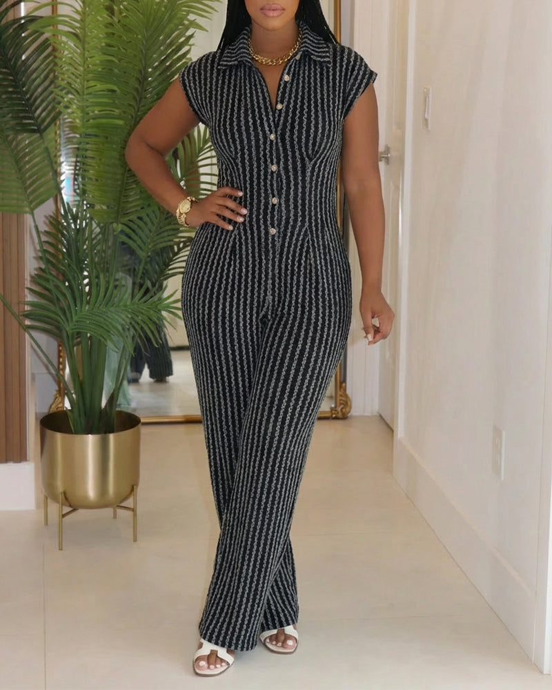 Turn-down Collar Cap Sleeve Button Front Pleated Ribbed Overalls Casual Open Back Wide Leg Elastic Back Waist Jumpsuit