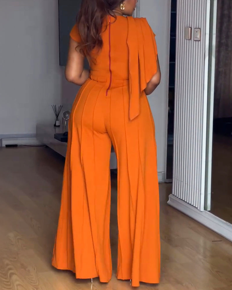 Asymmetrical Neck Short Sleeve Ruched Draped Zipper Back Overalls Casual Seam Design Wide Leg Jumpsuit