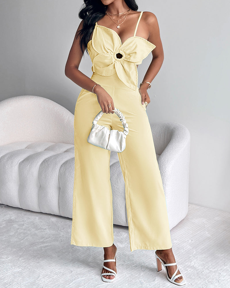 Floral Pattern Hollow Out Pocket Design Jumpsuit