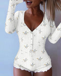 Ditsy Floral Print V-Neck Button Front Frill Trim Romper Slim Fit Jacquard Textured Onesie