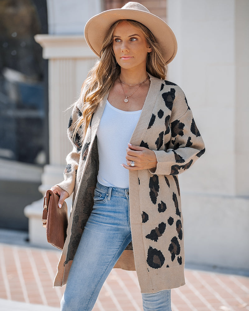 Leopard Pattern Longline Knit Cardigan Open Front Sweater