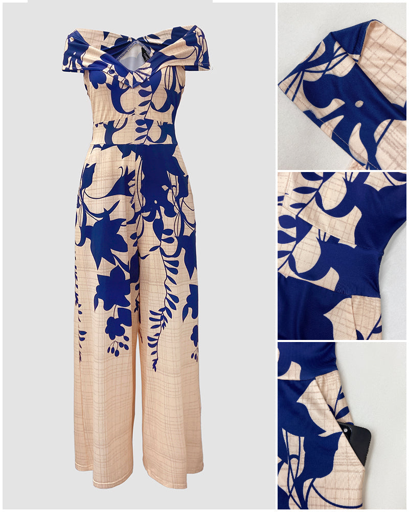 Floral Print Off Shoulder Sleeveless Deep V-Neck Jumpsuit Casual Zipper Side Wide Leg Jumpsuit