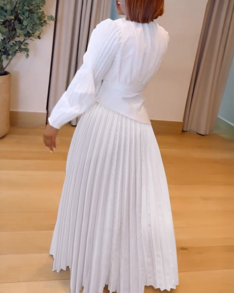 Button Decor Overlap V-Neck Pleated Puff Sleeve Zipper Side Commuting Dress Casual Cinched Waist Pleated Dress