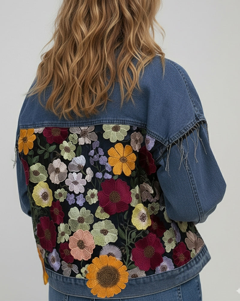 Colorblock 3D Flower Lace Embroidery Patch Denim Coat Casual Turn-down Collar Jacket