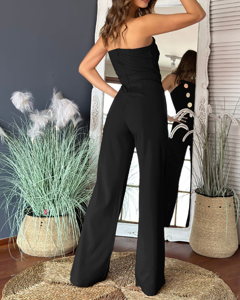 Asymmetrical Bandeau Strapless Jumpsuit Metal Button Decor Casual Overalls