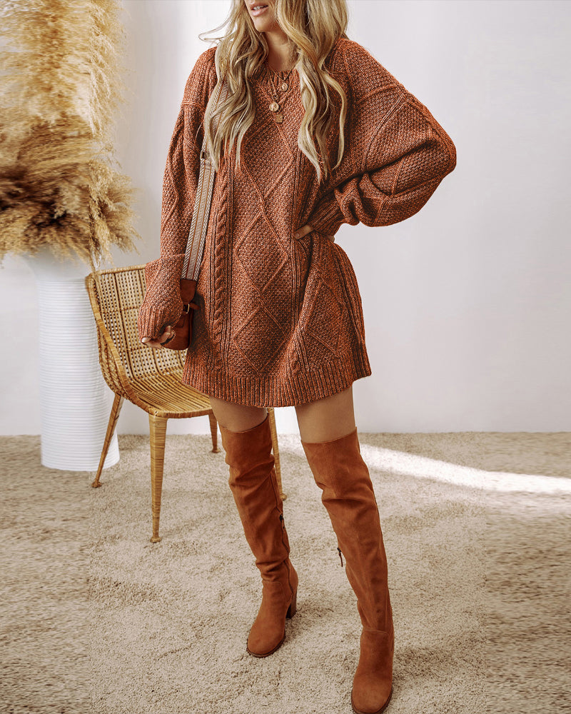 Round Neck Long Sleeve Drop Shoulder Pullover Sweater Casual Loose Fit Cable Knit Mid Length Sweater