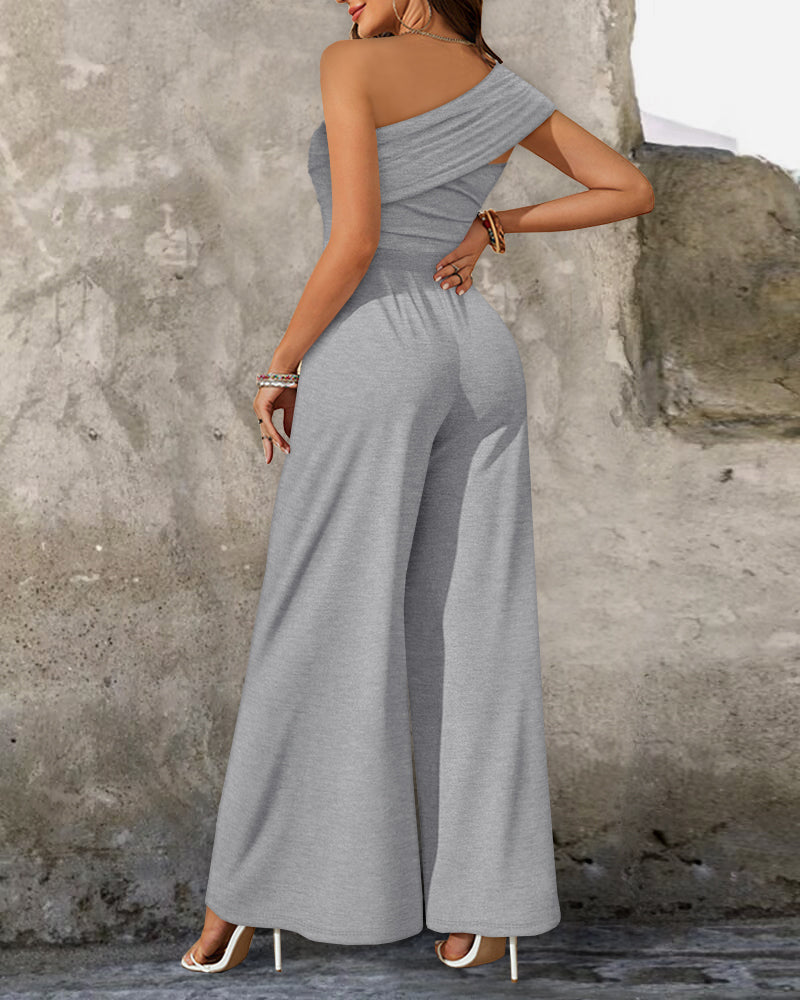 Cold Shoulder Ruched Buckle Wide Leg Jumpsuit