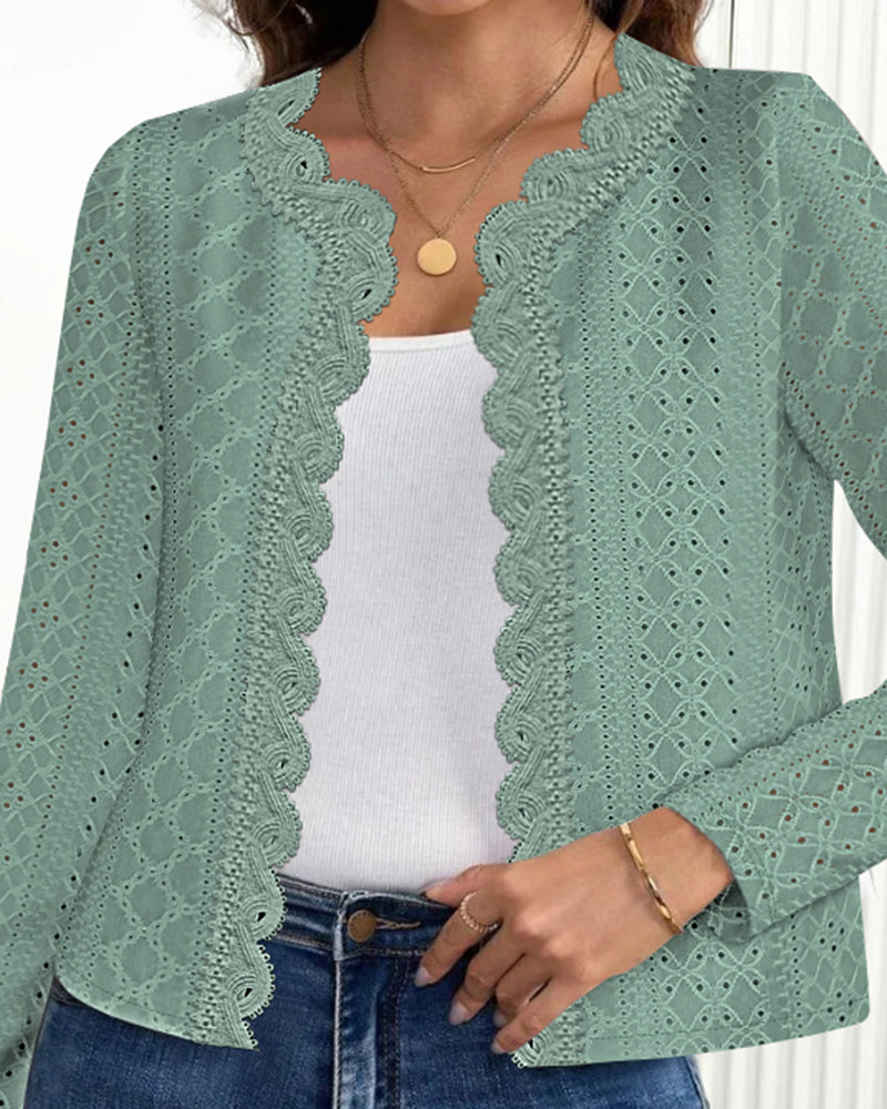 Contrast Scallop Lace Trim Open Front Coat Casual Hollow-out Breathable Crop Jacquard Textured Cardigan