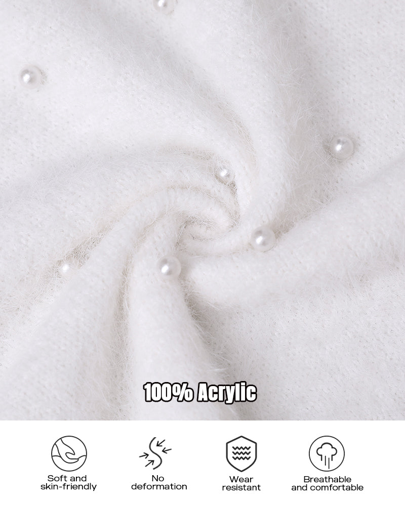 V Neck Long Sleeve Beaded Decor Oversized Sweater Fluffy Pullover Top