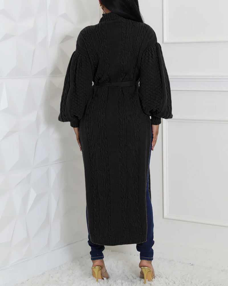 Cable Textured High Neck Lantern Sleeve Bow Tie Waist Sweater Casual High Slit Knit Longline Top