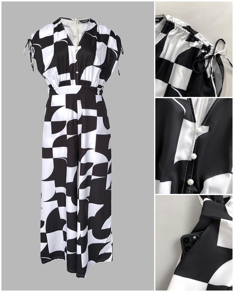 Geometric Print V-Neck Short Sleeve Zipper Jumpsuit