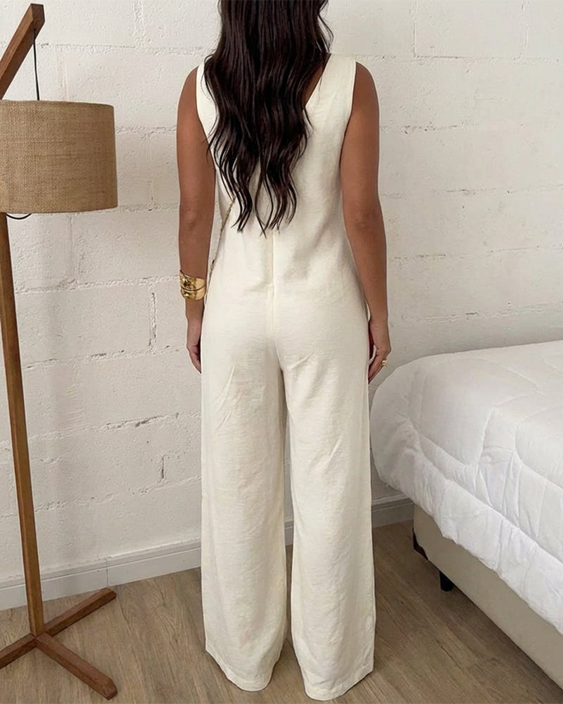 V-Neck Sleeveless Backless Zipper Back Overalls Casual Wide Leg Jumpsuit with Belt