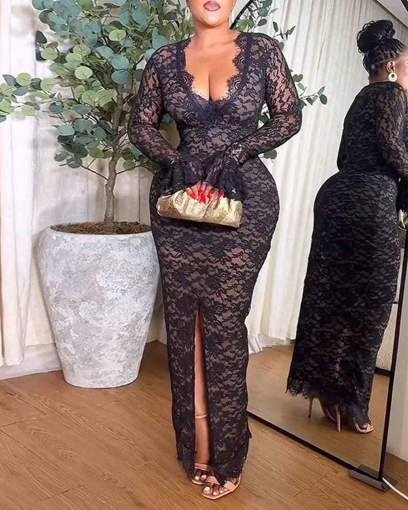 Elegant Lace Plunge V Neckline Long Sleeve Dress Casual Slim Fit Slit Evening Maxi Dress
