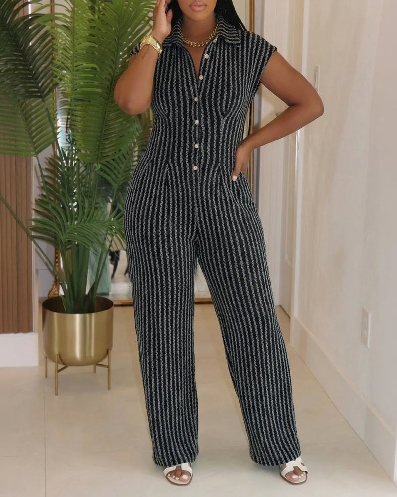 Turn-down Collar Cap Sleeve Button Front Pleated Ribbed Overalls Casual Open Back Wide Leg Elastic Back Waist Jumpsuit