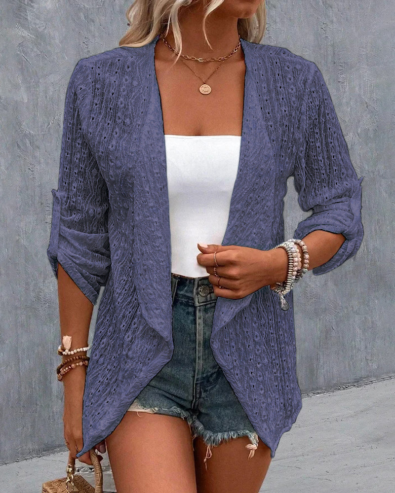 Eyelet Embroidery Turn-Up Sleeves Open Front Coat