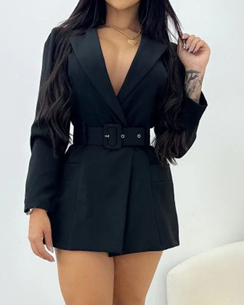 Notched Collar Puff Sleeve 2-in-1 Blazer Romper with Detachable Belt