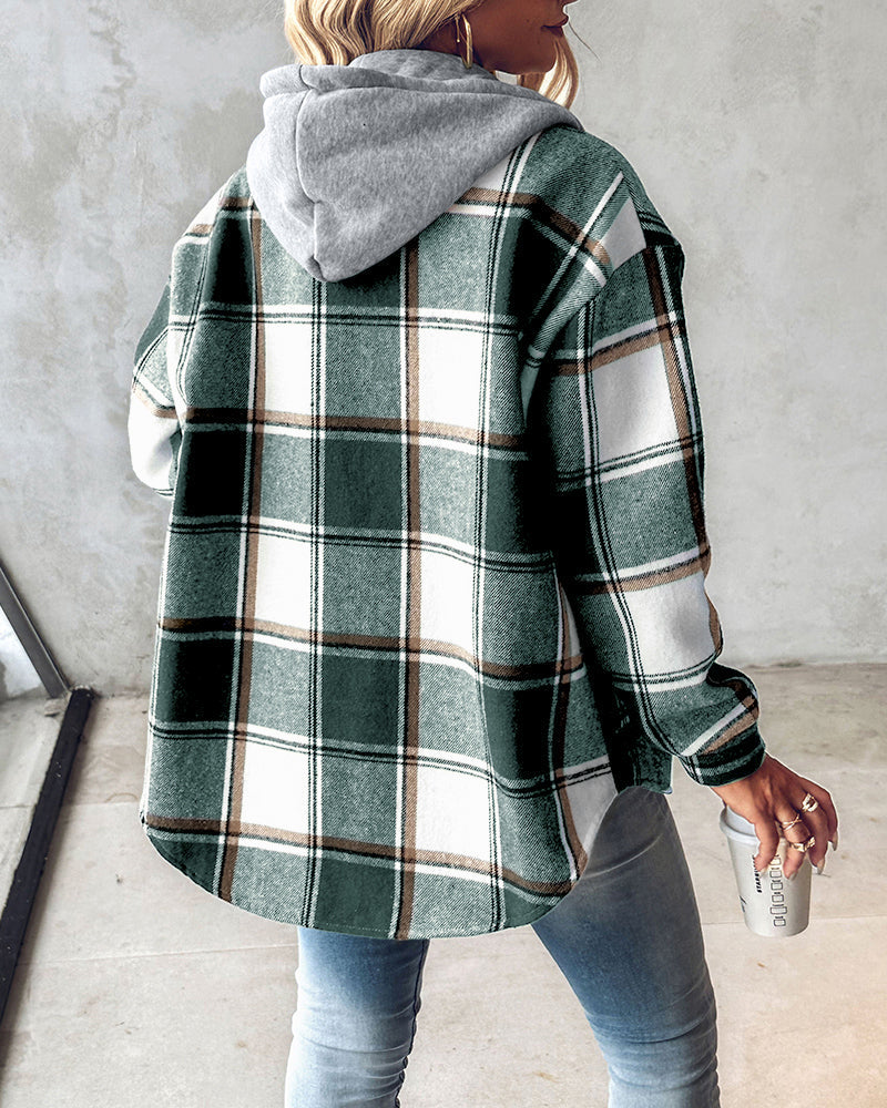 Plaid Pattern Long Sleeve Shacket Button Down Fleece Lined Hooded Jackets Warm Coat
