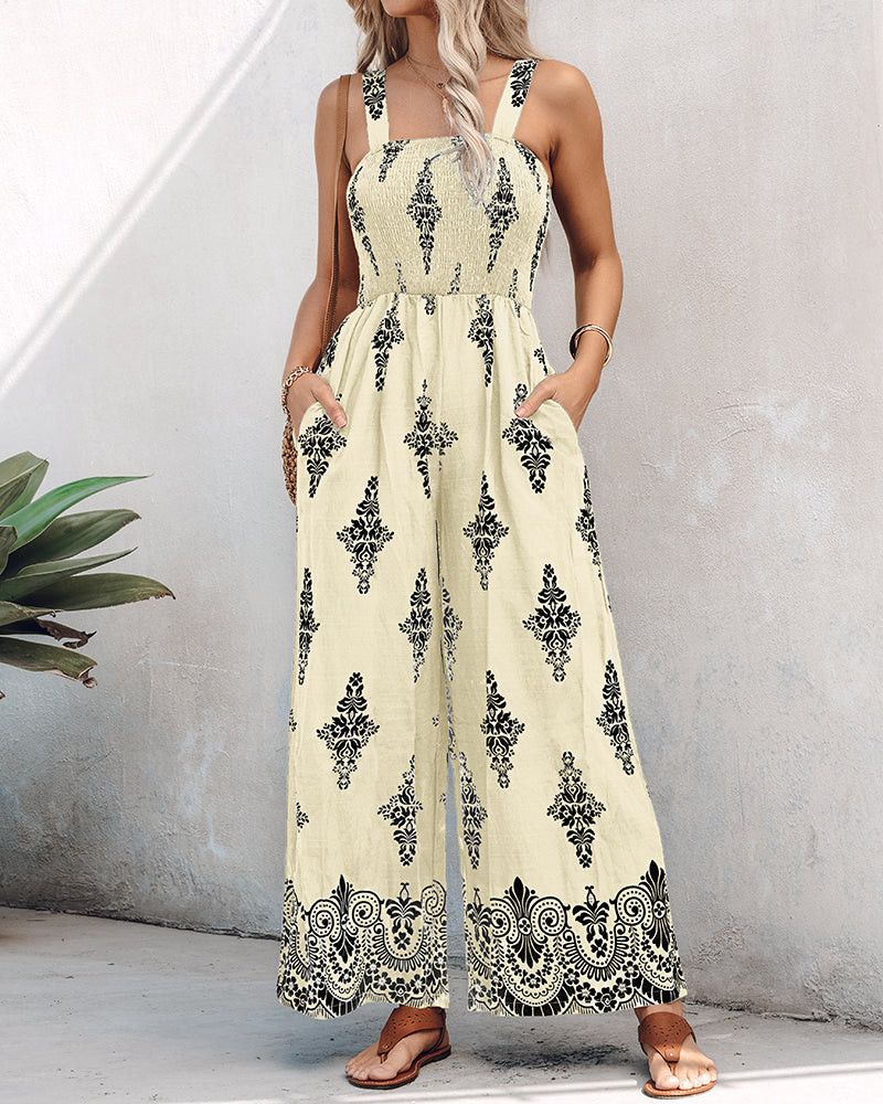 Graphic Print Square Neck Thick Strap Shirred Jumpsuit Wide Leg Overalls with Pockets
