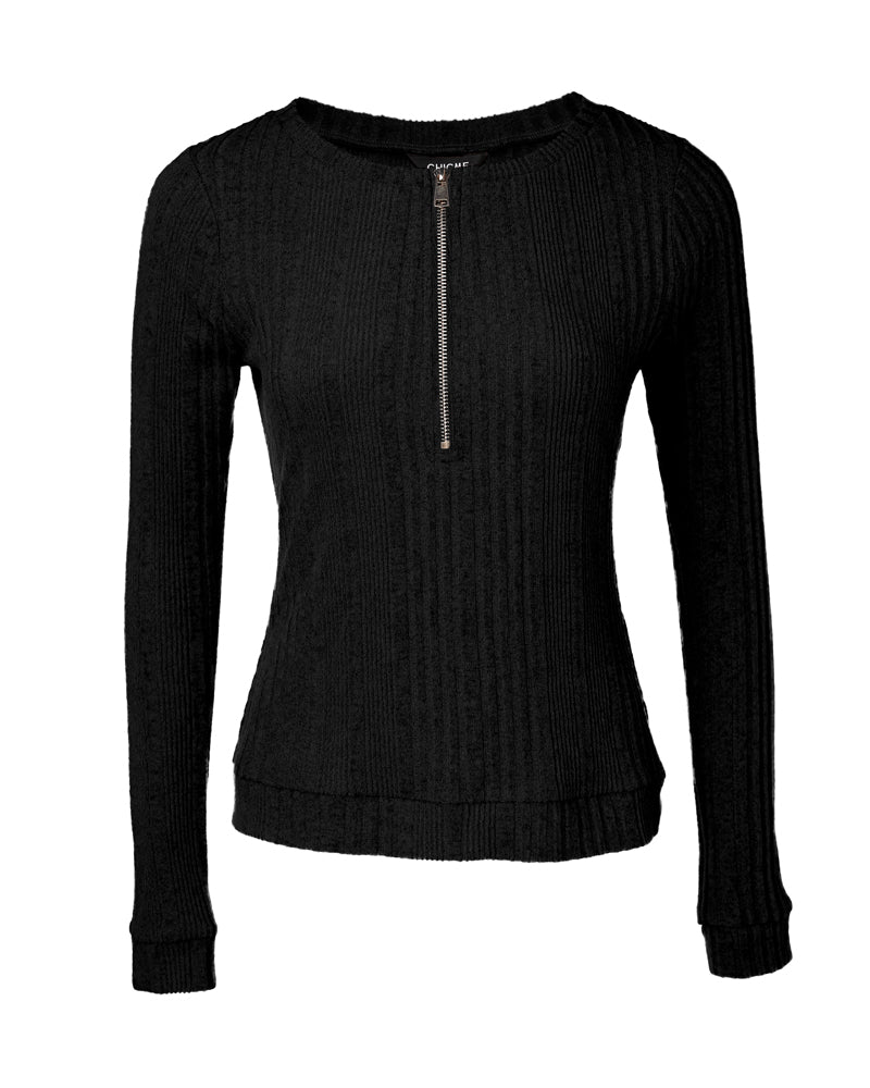 Crewneck Long Sleeve Ribbed Top Half Zipper Design Casual Pullover Tops