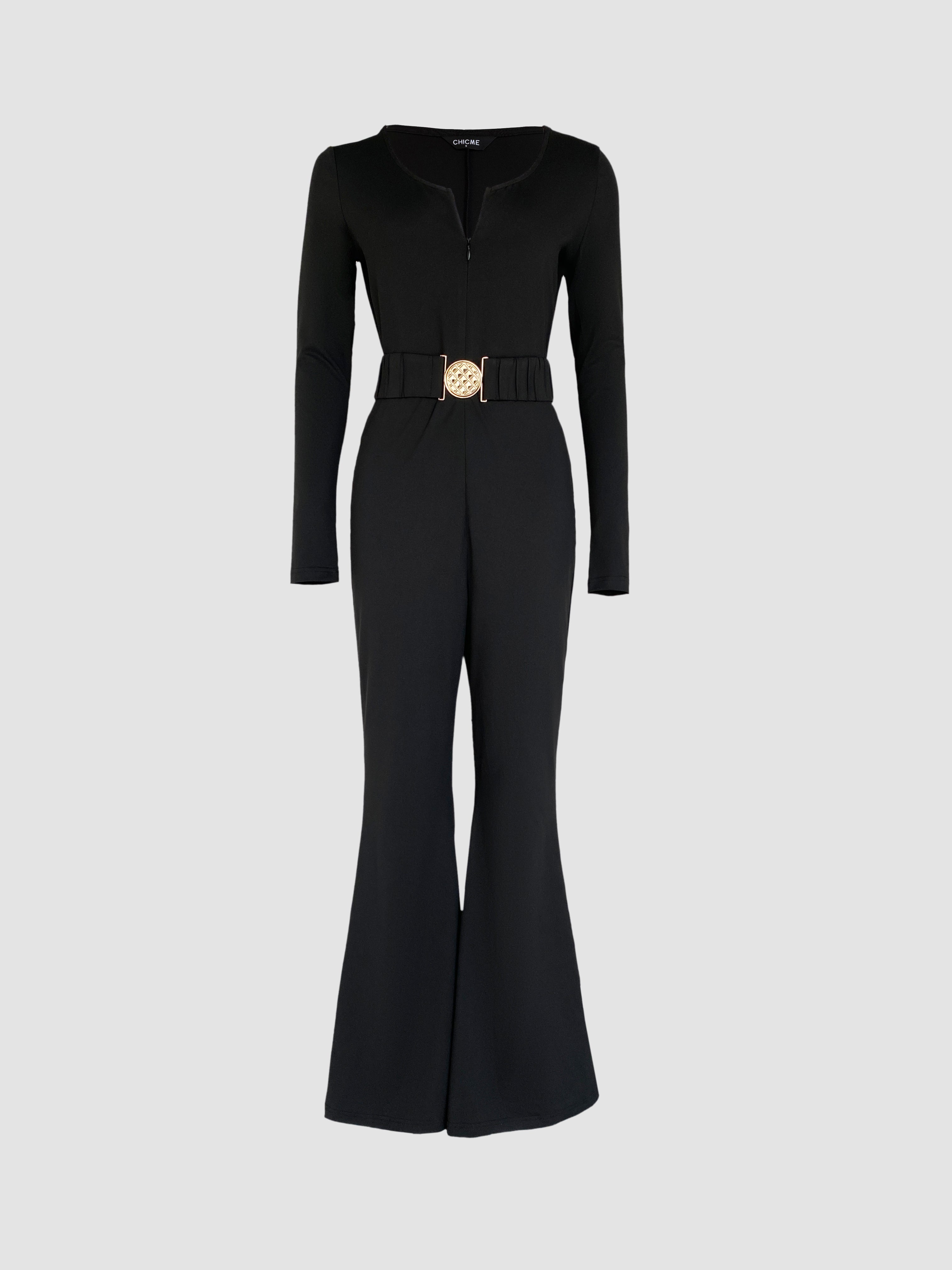 U-Neck Zipper Front Long Sleeve Slim Fit Flared Jumpsuit with Belt