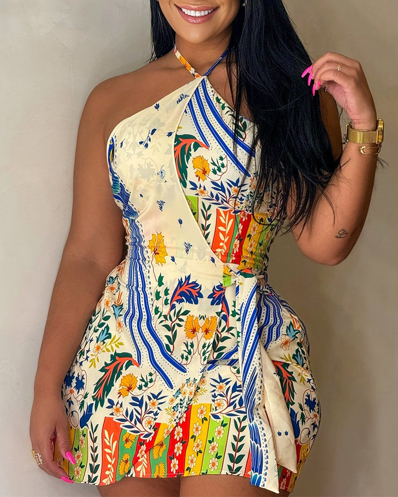 Tropical Floral Print Halter Tie Backless Tie Back Romper Casual Elastic Back Waist Wrap Front Tie Side Skorts Romper