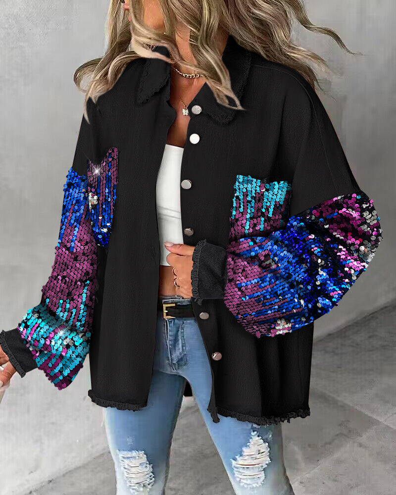 Colorblock Sequin Patchwork Long Sleeve Jacket Top Button Front Raw Hem Shacket