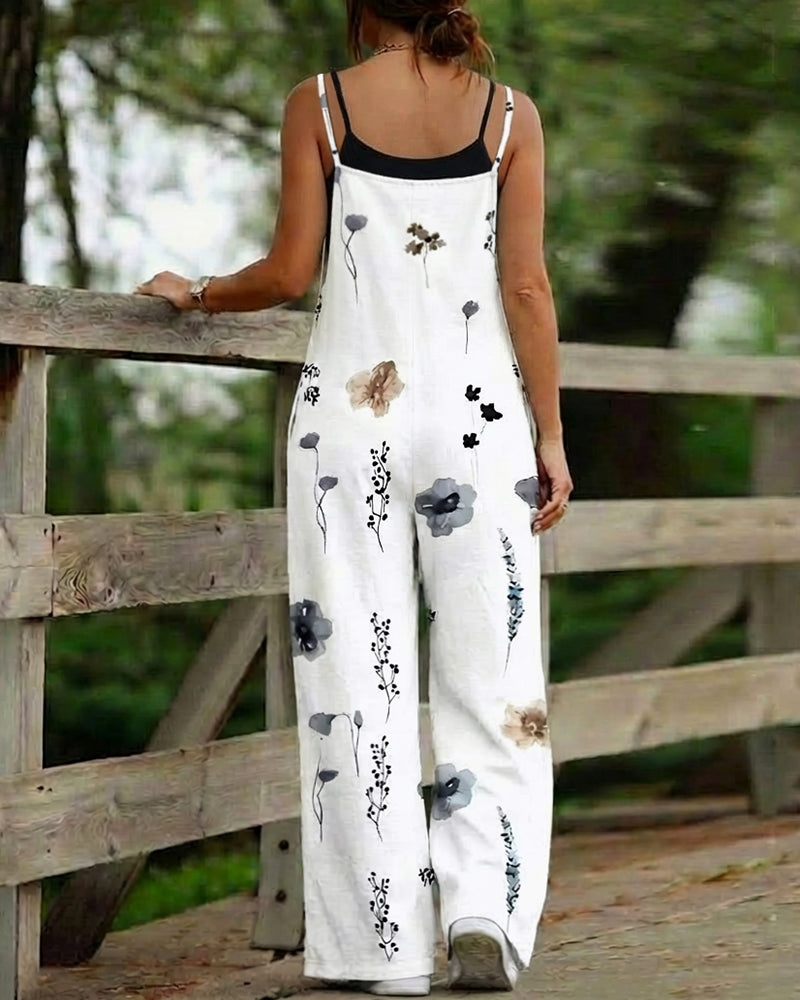 Watercolor Floral print Square Neck Adjustable Spaghetti Straps Wide Leg Loose Fit Cami Jumpsuit