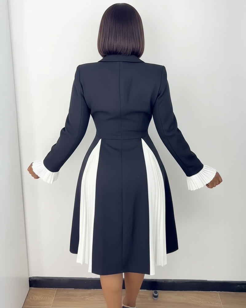 Colorblock Pleated Spliced Notched Collar Pleated Flared Cuff Double Breasted Blazer Dress Elegant Cinched Waist Flared Hem Commuting Dress