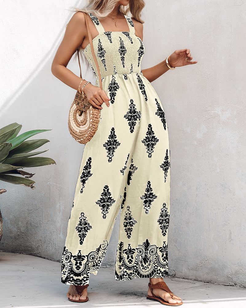 Graphic Print Square Neck Thick Strap Shirred Jumpsuit Wide Leg Overalls with Pockets
