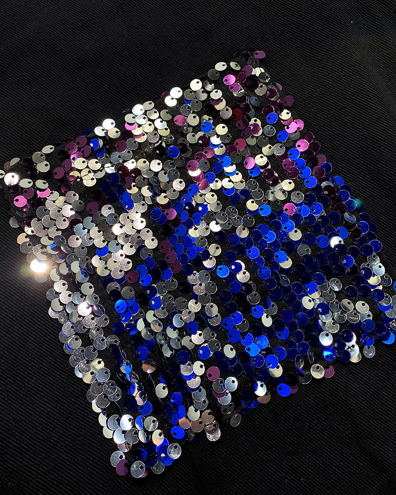 Colorblock Sequin Patchwork Long Sleeve Jacket Top Button Front Raw Hem Shacket