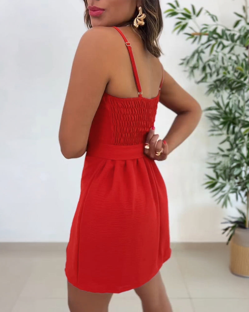 Square Neck Adjustable Spaghetti Straps Shirred Back Side Slit Romper Casual Cinched Waist Cami Skorts Romper with Belt