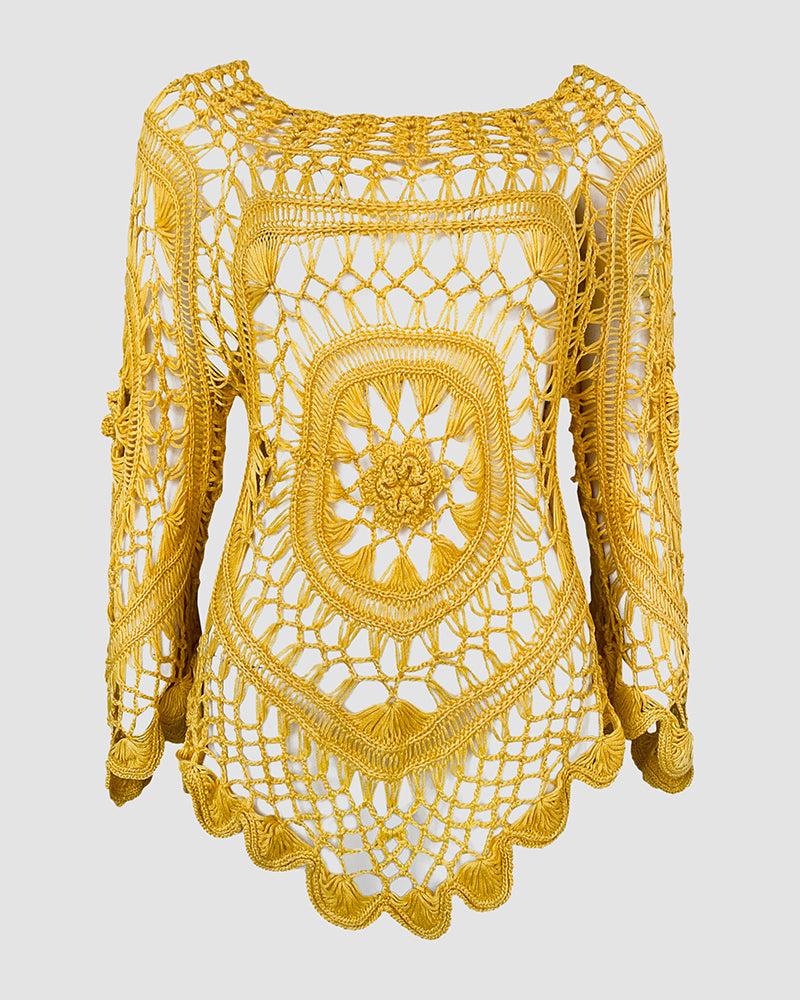 Boat Neck Batwing Sleeve Hollow-out Casual Top Asymmetrical Scallop Hem Crochet Pattern Cover Up