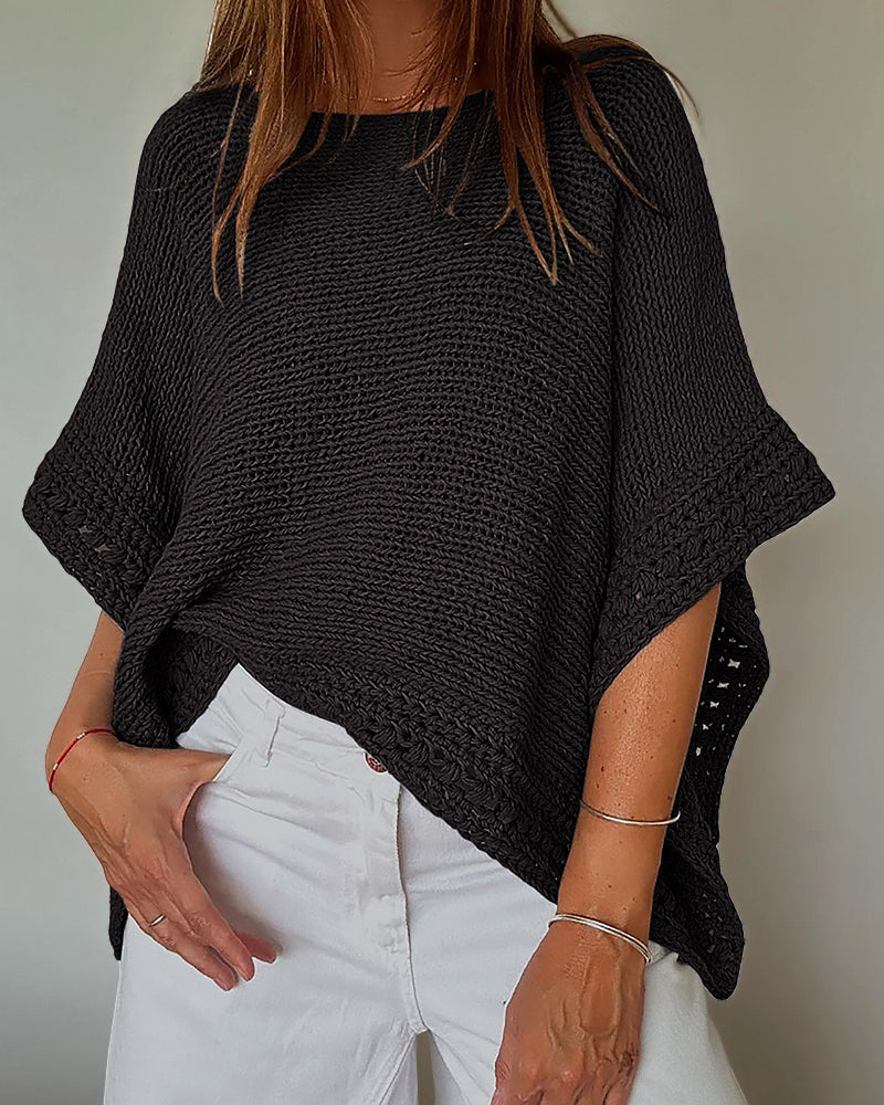 Solid Batwing Sleeve Hollow Out Crochet Pattern Top Casual Cover Up