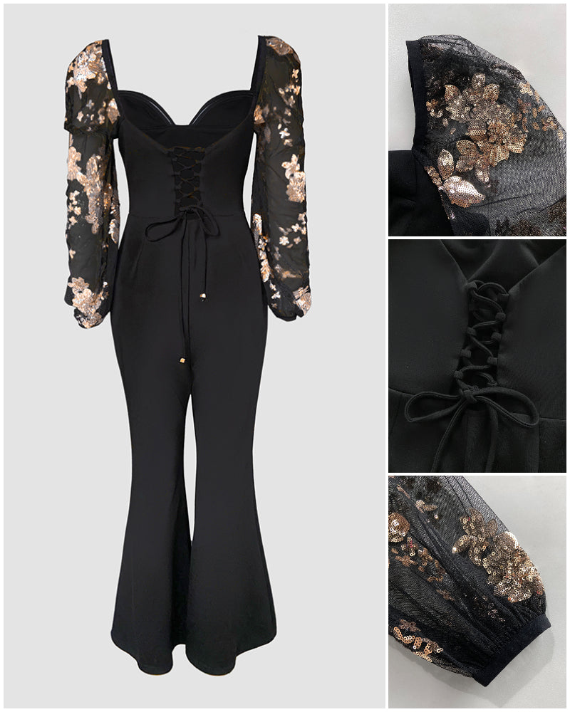 Sweetheart Neck Sequin Floral Mesh Sleeves Lace-up Back Jumpsuit Casual Backless Seam Front Flared Jumpsuit